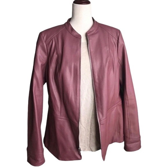 Faux Leather Jacket Size Medium Mauve Denim & Co. Rose Brown Full Zip Pockets - Picture 3 of 10
